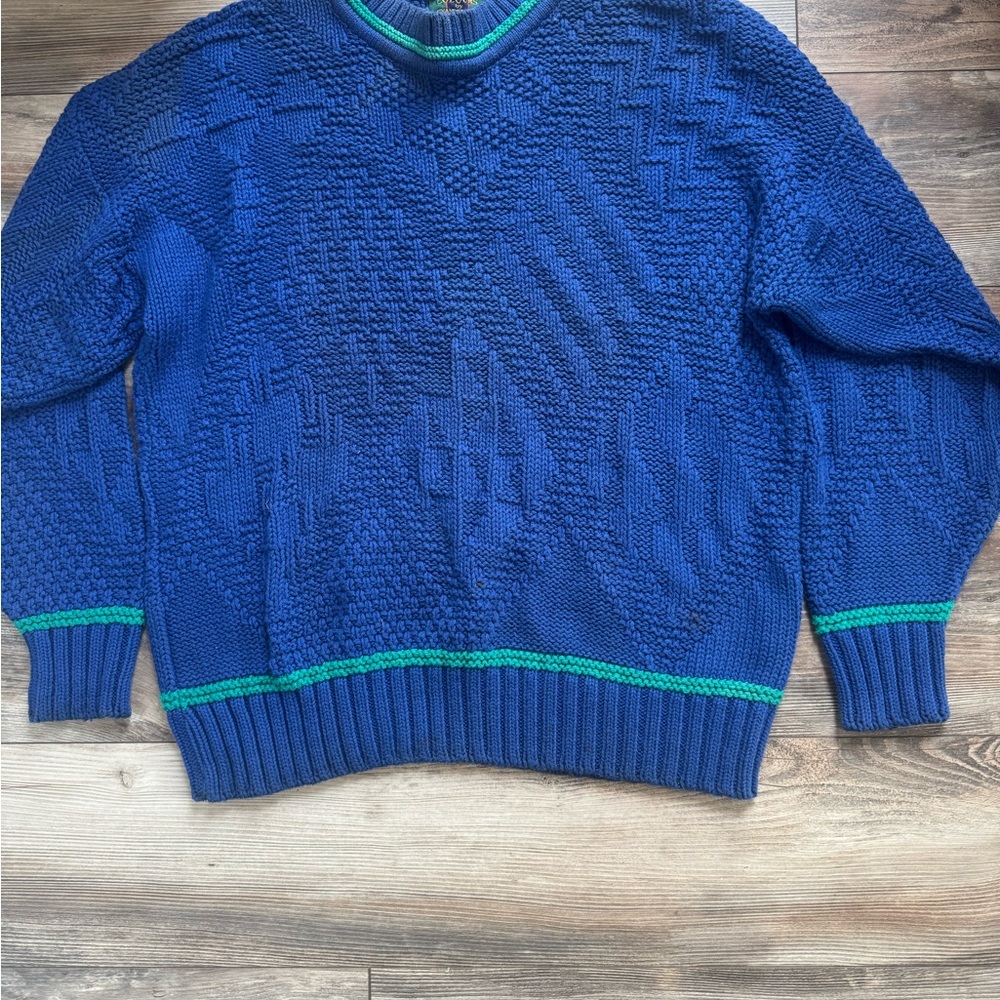 Colours Alexander Julian Textured Blue Sweater with Green Accents